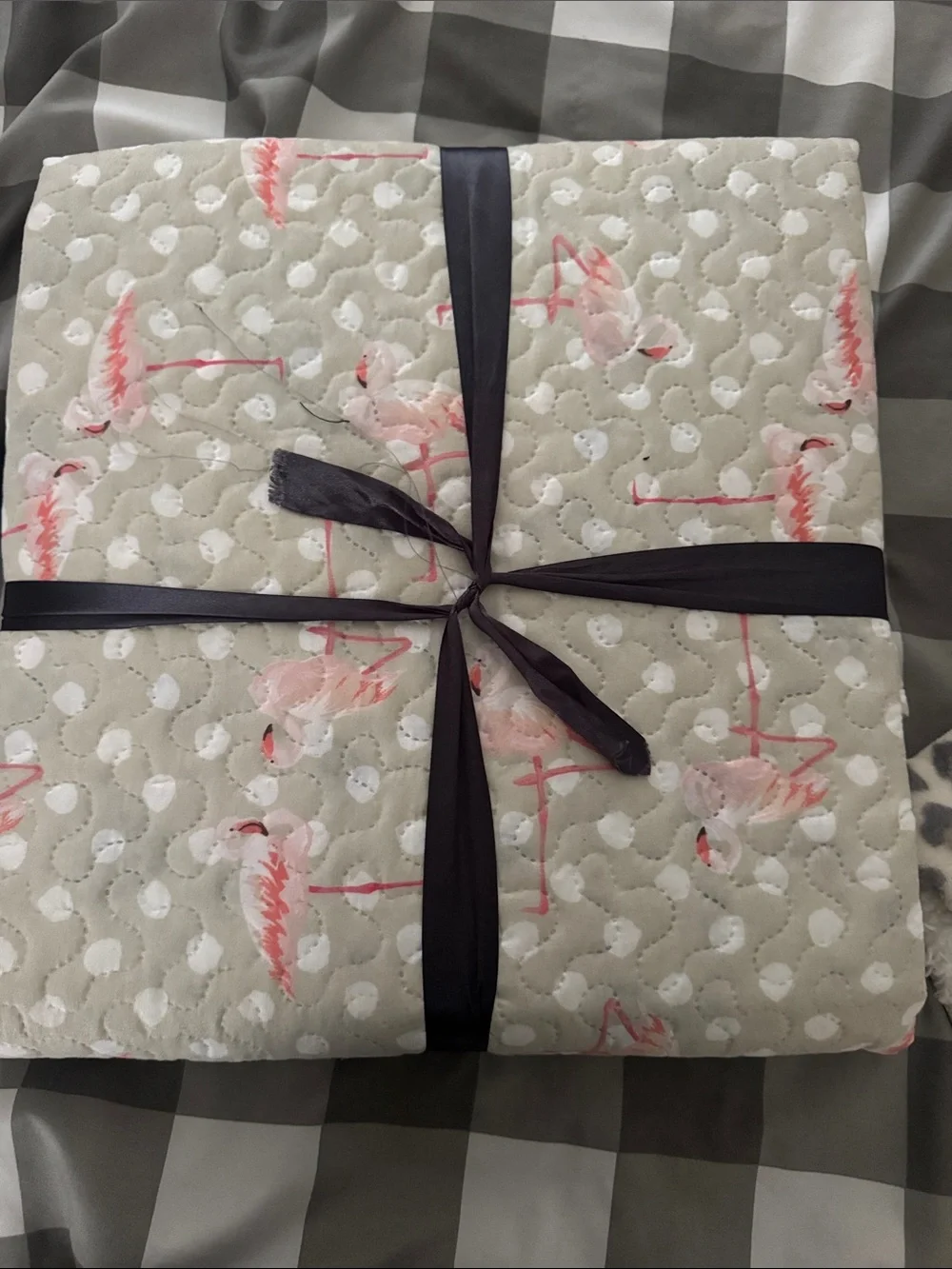 Reversible Queen Quilt - Light Gray with Pink Flamingo Accent
